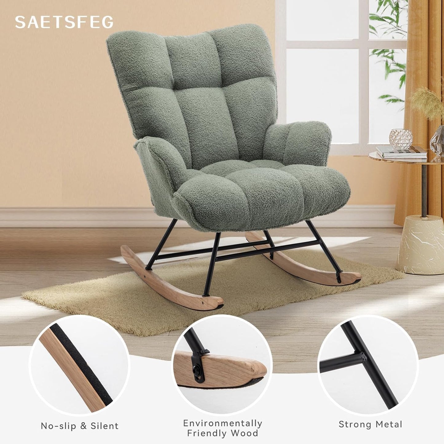 Rocking Chair Nursery Teddy Upholstered Glider Rocker Rocking Accent Chair Padded Seat with High Backrest Armchair Comfy Side Chair for Living Room Bedroom Offices (Green Teddy)