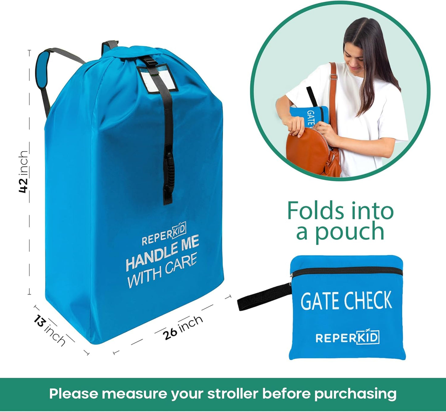 reperkid Medium Stroller Bag for Airplane Travel, Blue, 42" H x26 W x13 D, Fits Most Single Strollers Including Jogging & Standard Models – Premium Waterproof Cover, Adjustable Shoulder Straps