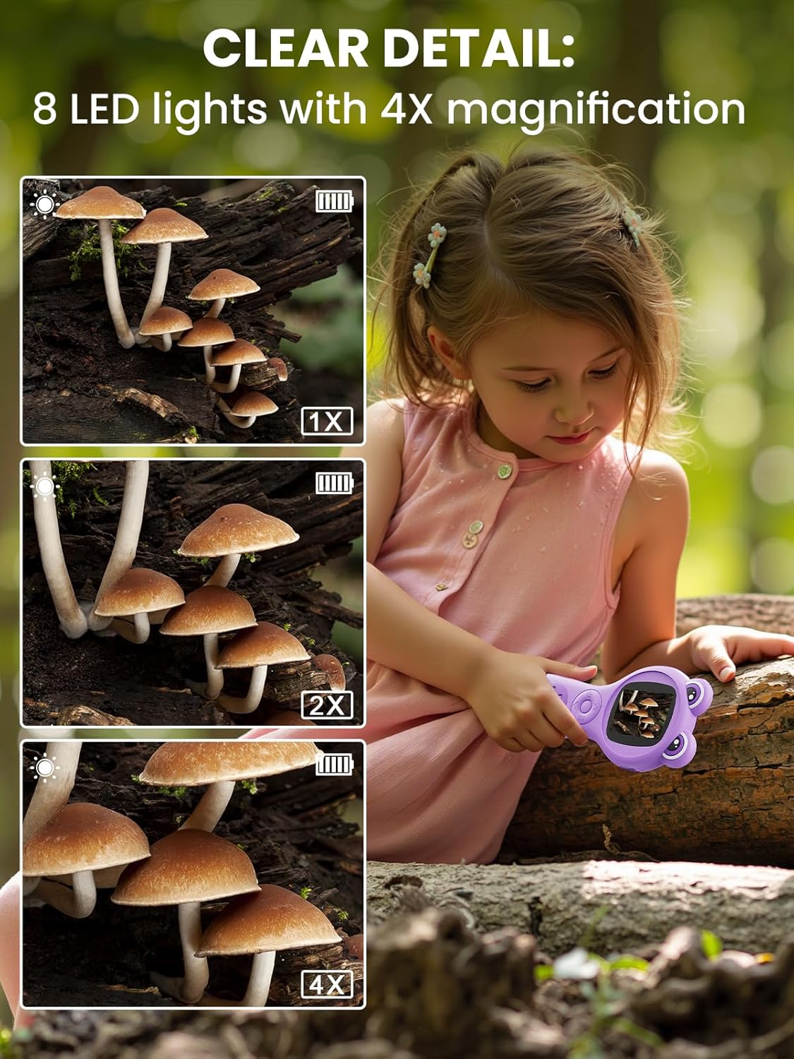 Microscope for Kids, 2 Inch Digital Microscope with 500X Magnifying Glass, 4× Zoom Handheld Camera Mini Pocket Magnification, Educational Science Toys for Ages 3+, Purple