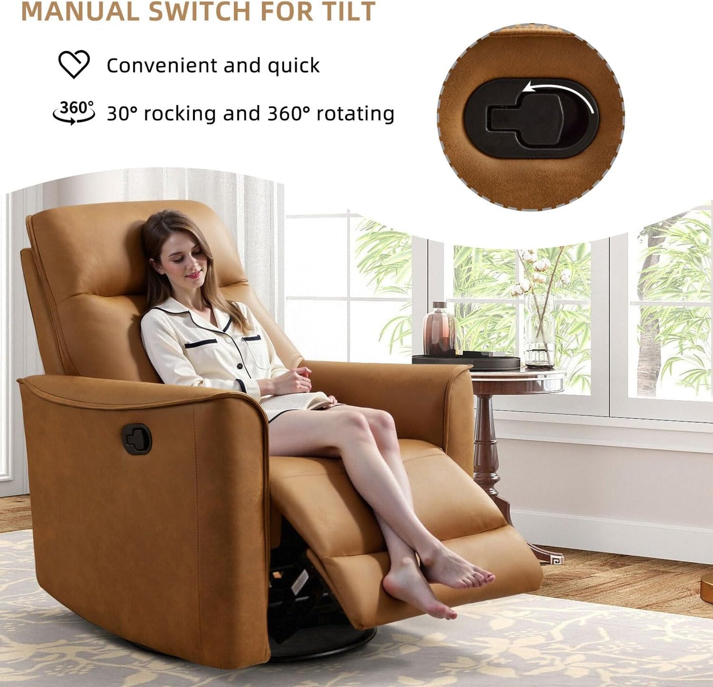 Swivel Rocker Recliner, Glider Rocking Chair, Nursing Chairs Swivel Glider Recliners with Soft Backrest, Leathaire Manual Reclining Sofa for Living Room Bedroom Apartment, Brown