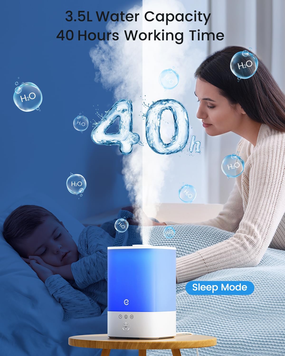 Esemoil Humidifiers for Bedroom, 3.5L Top Fill Cool Mist Humidifier for Baby Nursery & Plants, Oil Diffuser, 40 Hour & 8 Color Night Light, 28dB Quiet, 360° Nozzle, Auto Shut-Off and BPA Free
