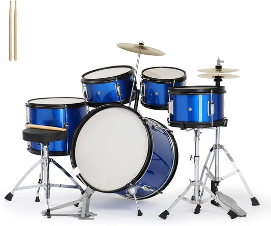 Ktaxon 5-Piece Complete Junior Drums Set, 16 Inch Beginners Drum Kit with Throne Stool, Pedal & Drumsticks, Kids Drums Musical Instruments W/Cymbal, Hi-Hat, Floor, Tom and Snare Drum (Dark Blue)