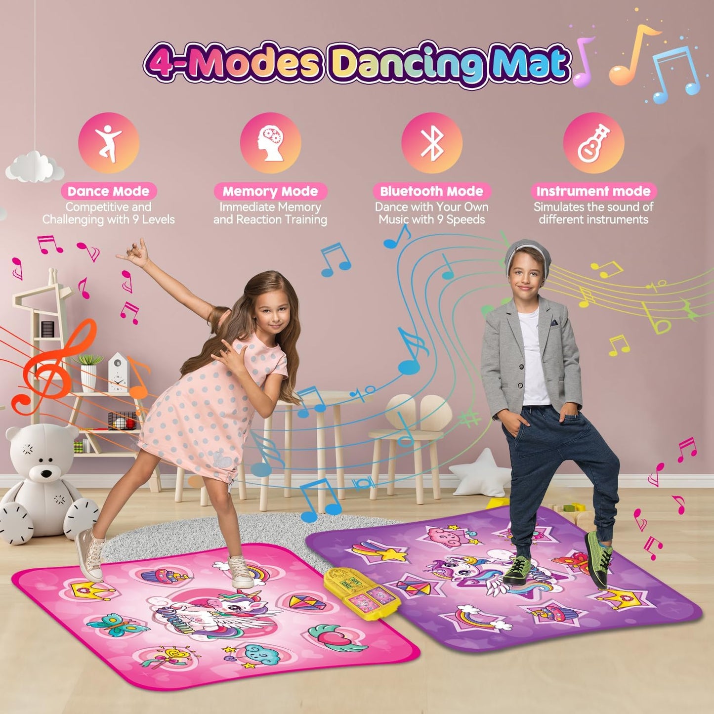 VATOS Double Dance Mat for Girls - 4 Game Modes & 9 Challenge Levels with Adjustable Volume, Led Light & Wireless Bluetooth | Music Play Mat Birthday Gifts Toys for Kids Ages 3 4 5 6 7 8 9+ Years Olds