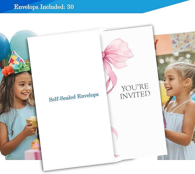 Pink Bow Birthday Invitations for Girls, Elegant Bow Birthday Party Invitaions for Girls Coquette Party Invites, 4x6 Inches, 30 Sets with Envelopes