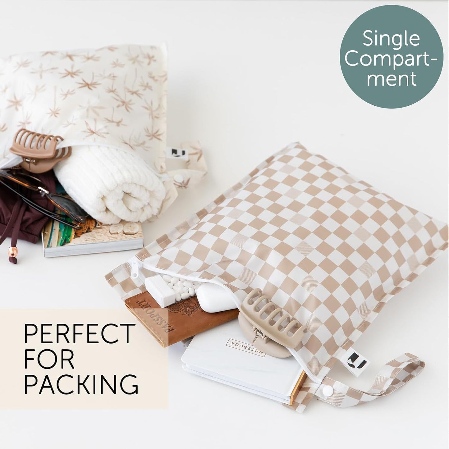 Bumkins Roamio - Waterproof Wet Bag - For Baby, Travel, Swim Suit, Cloth Diapers, Pump Parts, Pool, Gym, Toiletry, Strap to Stroller - Reusable & Easy to Clean - 2pk - Beige Check