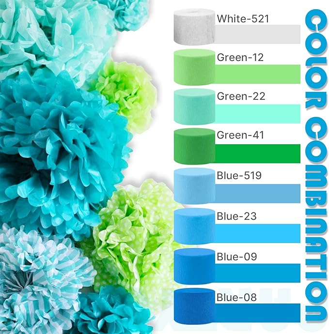 PartyWoo Blue Crepe Paper Streamers 4pcs 328ft Pack of Pearl Blue Crepe Paper Streamers for Birthday Gender Reveal Baby Shower Wedding Graduation Pool Mermaid Under The Sea Theme Party Decorations