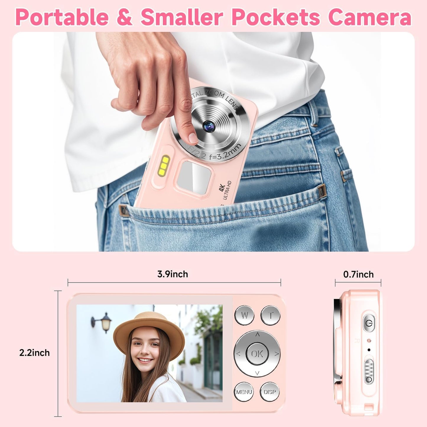 Digital Camera, Autofocus 4K 64MP Point and Shoot Digital Cameras for Teens with 64GB Card, 18X Zoom Anti-Shake Compact Video Camera for Student Kids Boys Girls Beginner - Pink