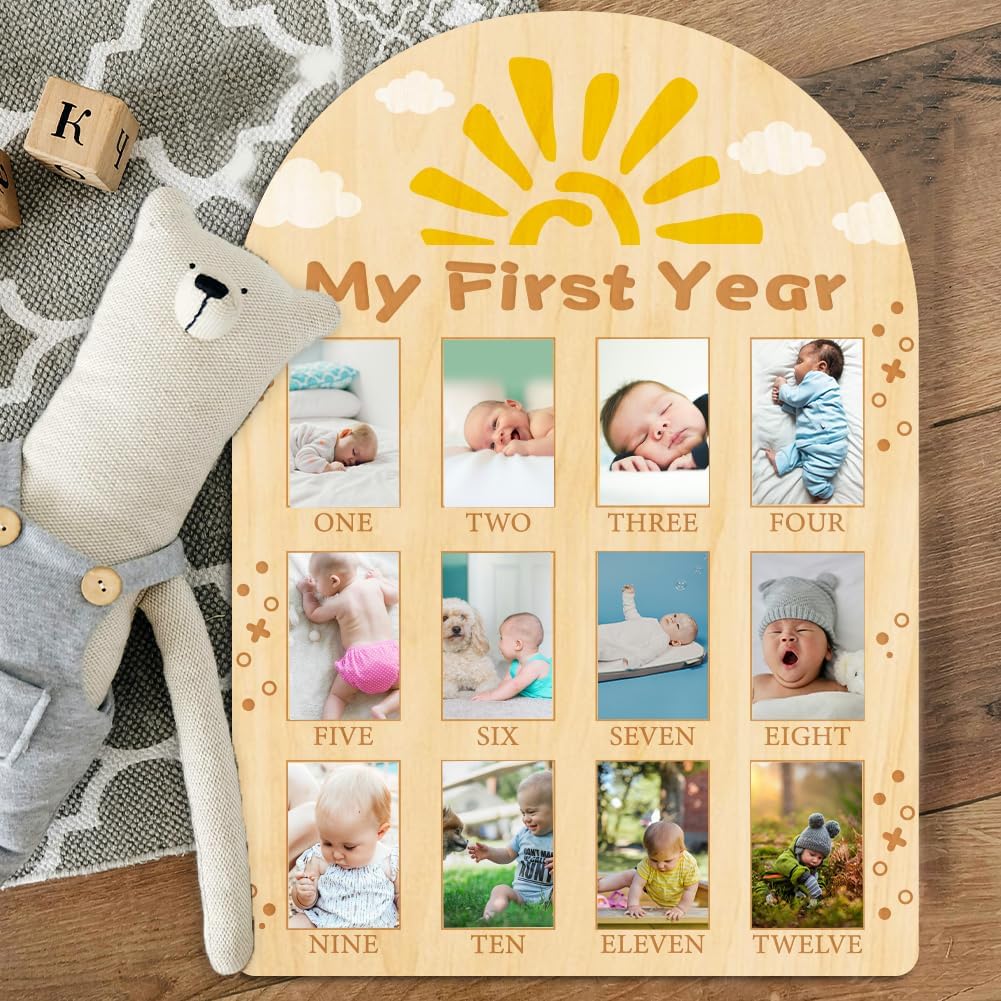 ORIGACH My First Year Baby Growth Photo Display Wood Board - 12 Months Newborn Milestones Photo Board - Neutral Baby Keepsake Frame 1st Birthday Party Nursery Decor New Mom Gift - Sun & Cloud