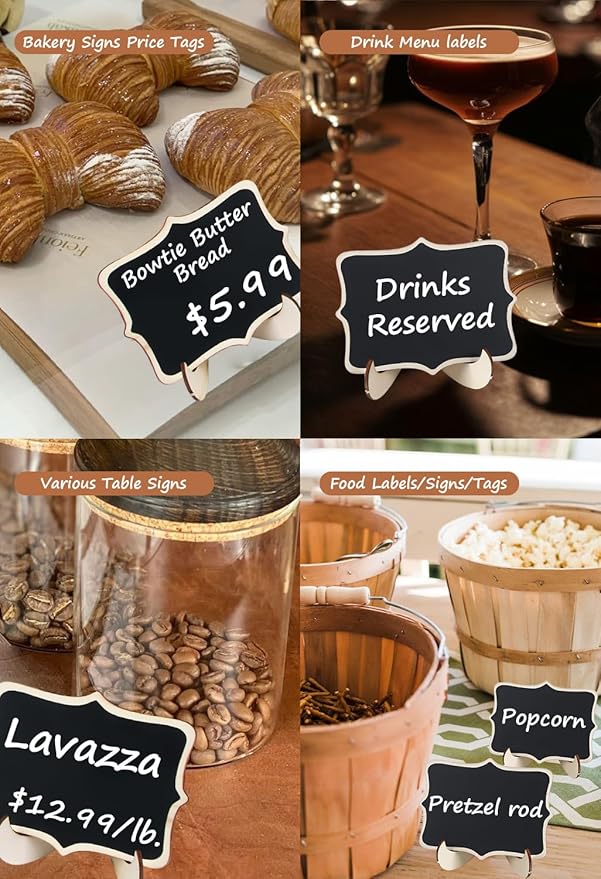 Herda 18 PCS Mini Chalkboard Signs with Easel Stand, Wooden Blackboard Labels for Wedding Celebration, Name/Place Cards, Food Labels for Party Buffet, Reusable Signs/Message Boards/Table Numbers etc.