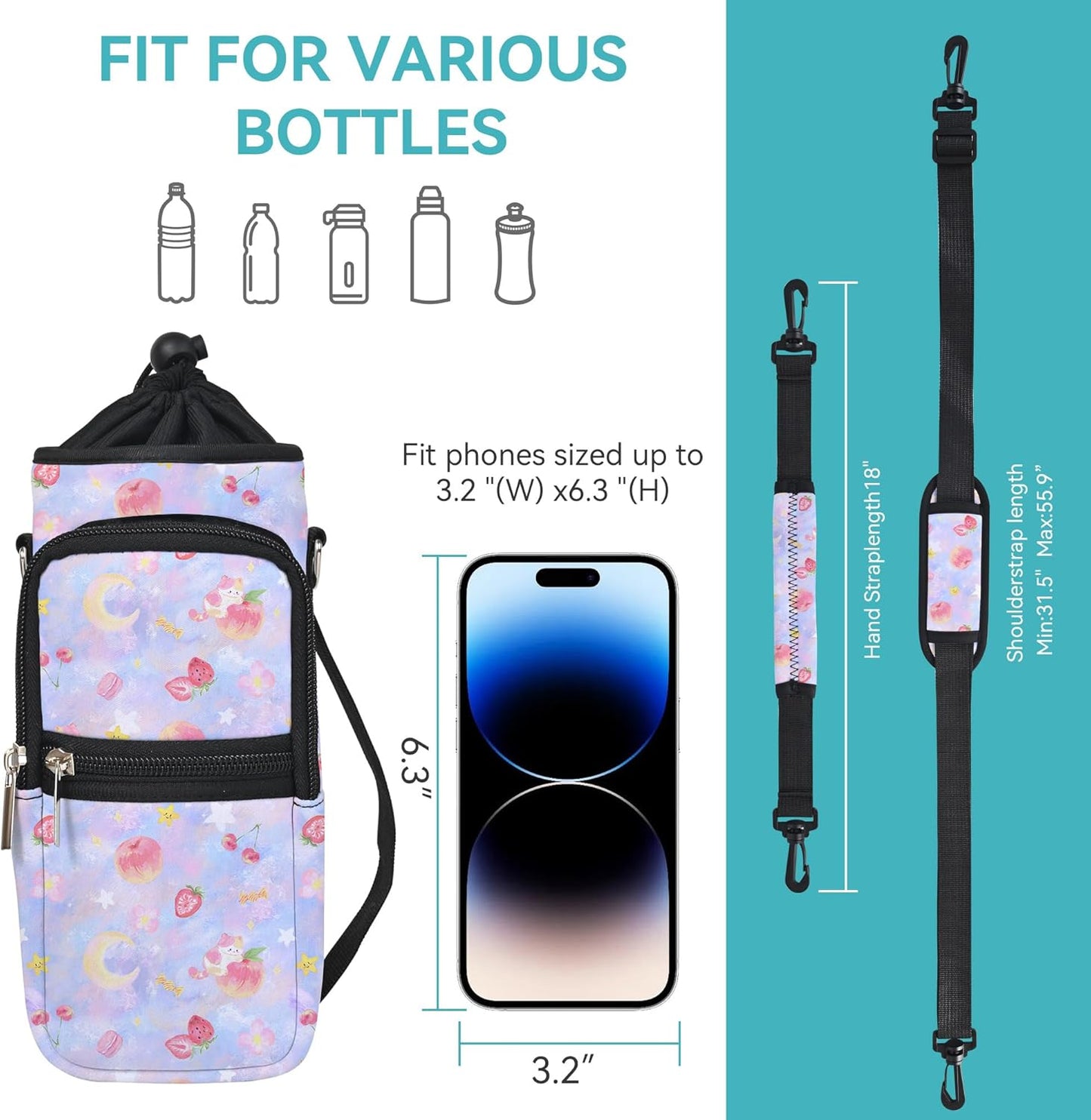 AUPET Water Bottle Sling Bag Sleeve Holder Carrier 25/32/40/64 oz,Insulated Crossbody Water Bottle Case Cover with Strap and Pockets for Men/Women Walking Hiking