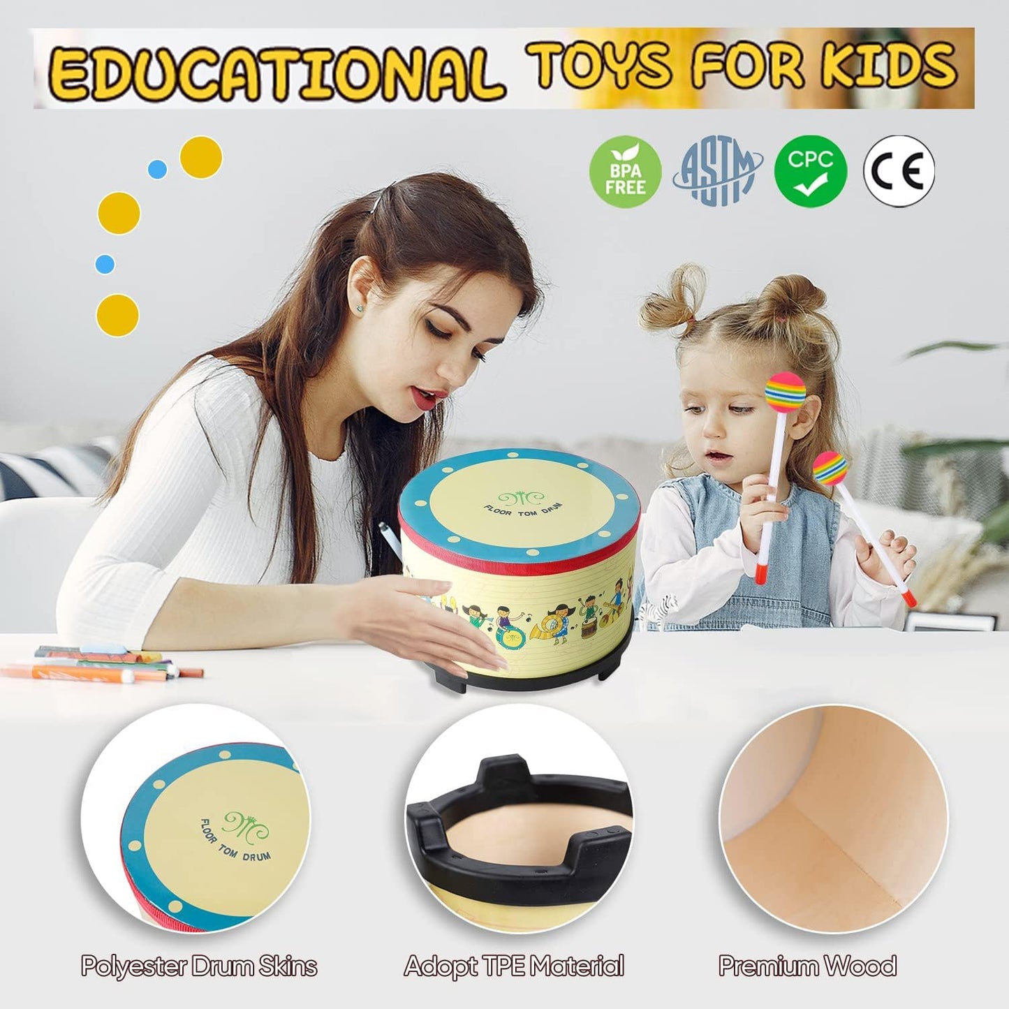 Floor Tom Drum 8 inch Gathering Club Carnival Colorful Percussion Instrument with 2 Mallets Music Drum for Child Special Christmas Birthday Gift (8 inch)