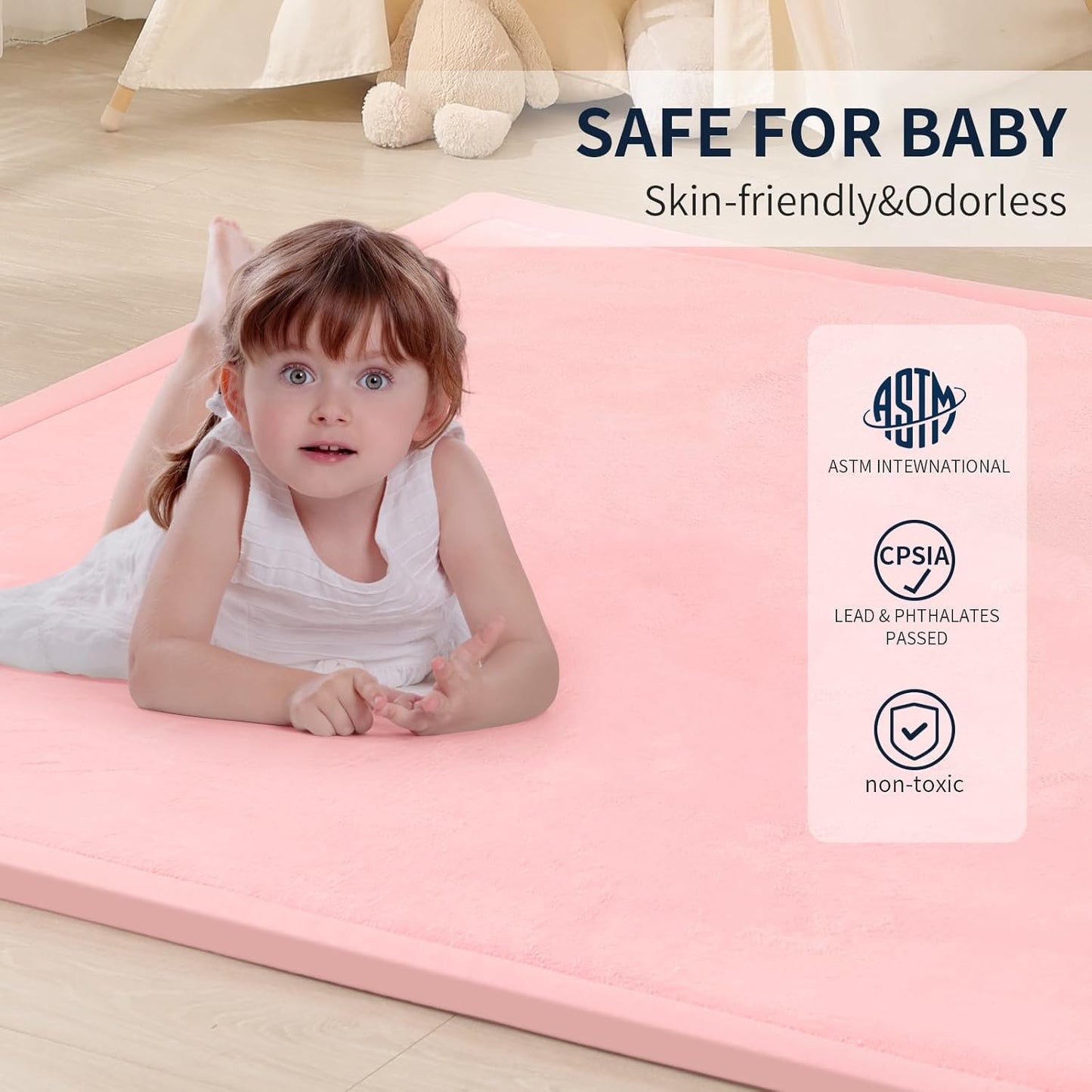 ACOMOPACK Baby Play Mat for Floor 1.3" Thick Memory Foam Play Mat 79"×157 Tummy Time Crawling with Non-Slip Bottom for Living Room,Nursery,Soft Velvet Playpen Mats for Kids,Infants（Pink）