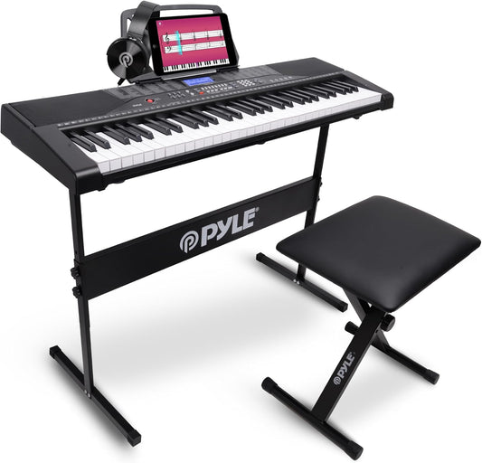 PYLE Electric Piano, Electric Keyboard Piano, Music Keyboard, 61 Keys, Bluetooth, LCD Display, Portable Design, Karaoke Function, Includes Stand, Stool, Book Rack, Headset, Perfect for Beginners