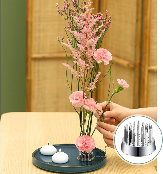 Kritkin 24 Pieces Flower Frogs Holder Mini Floral Round Flower Japanese Arranger Fixed Pin Holder for Arrangements Floral Plant Small Vase Ikebana Decoration Supplies Plant Fixation(0.9 Inch,Silver)