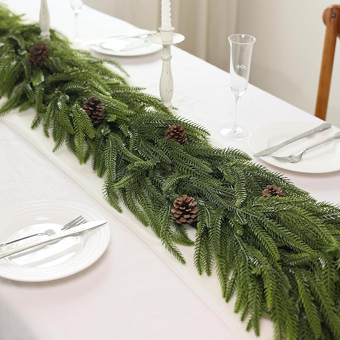 6FT Christmas Norfolk Pine Garland -2PCS, Artificial Pine Needles Garlands Faux Greenery Fake Garland for Holiday Fireplace,Table,Window,Stairs,Mante,Indoor Outdoor Decor