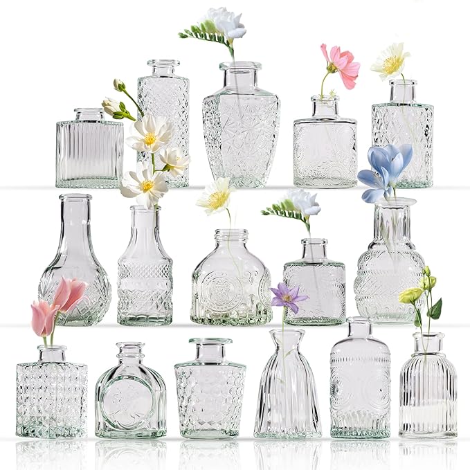 16 Pcs Flower Glass Bud Vases, Loose Transparent Flower Bud Vases, Mini Glass Vases, Small Vases, Family Wedding Table Decorations