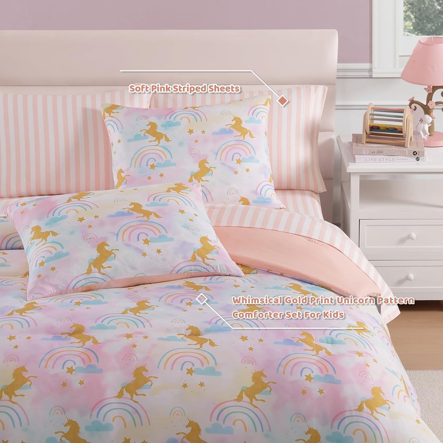 Twin Comforter Set with Sheets for Girls-5 Pieces Twin Bedding Sets with Pink Comforter, Sheets, Pillowcase & Sham for Kids (Gold Unicorn, 66" X 86")