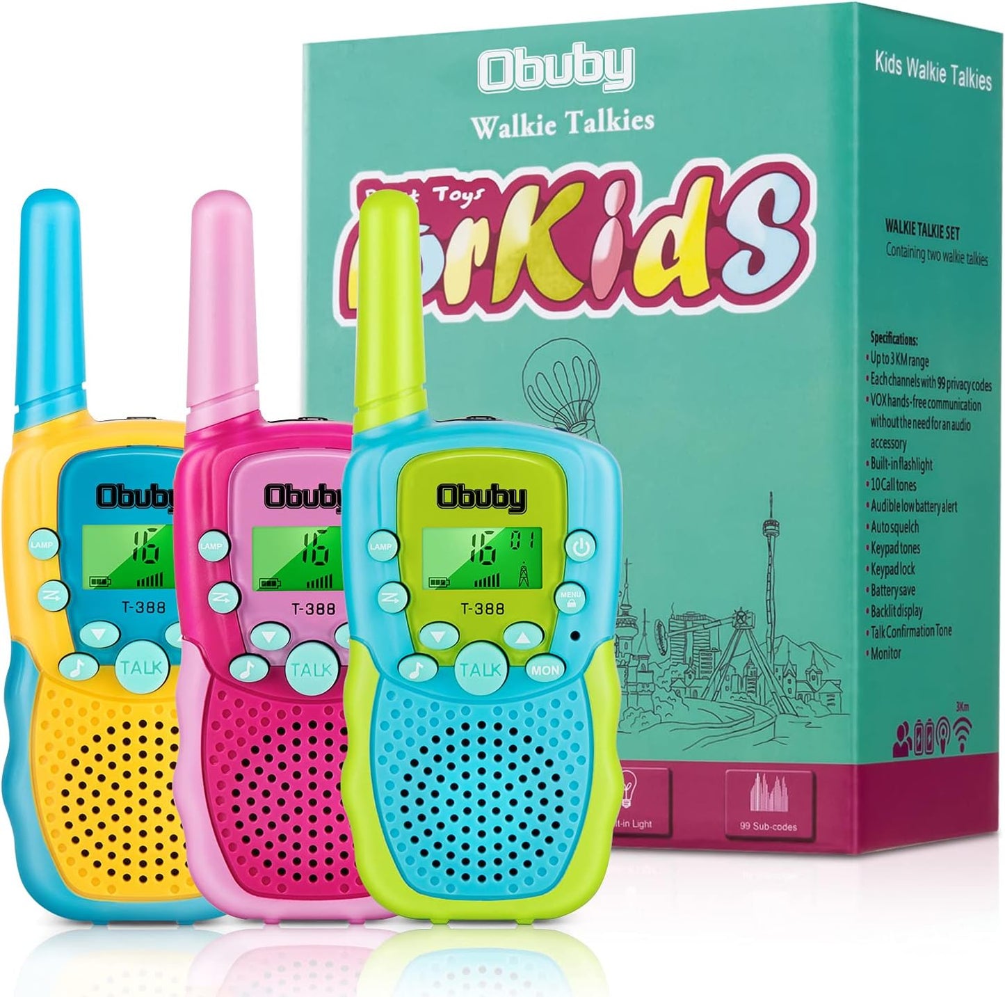 Obuby Toys for 3-12 Year Old Boys Walkie Talkies for Kids 22 Channels 2 Way Radio Gifts Toys with Backlit LCD Flashlight 3 KMs Range Gift Toys for Age 3 up Boy and Girls to Outside , Hiking, Camping