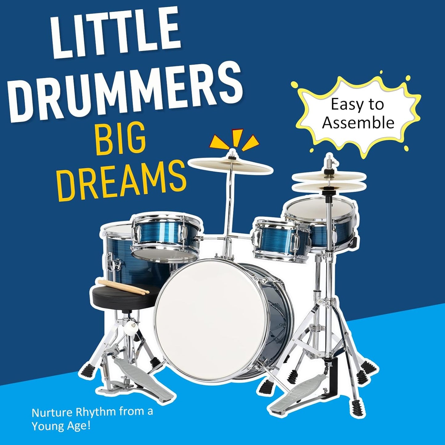 Ktaxon 5-Piece Complete Junior Drums Set, 14 Inch Beginners Drum Kit with Throne Stool, Pedal & Drumsticks, Kids Drums Musical Instruments W/Cymbal, Hi-Hat, Floor, Tom and Snare Drum (Brushed Blue)