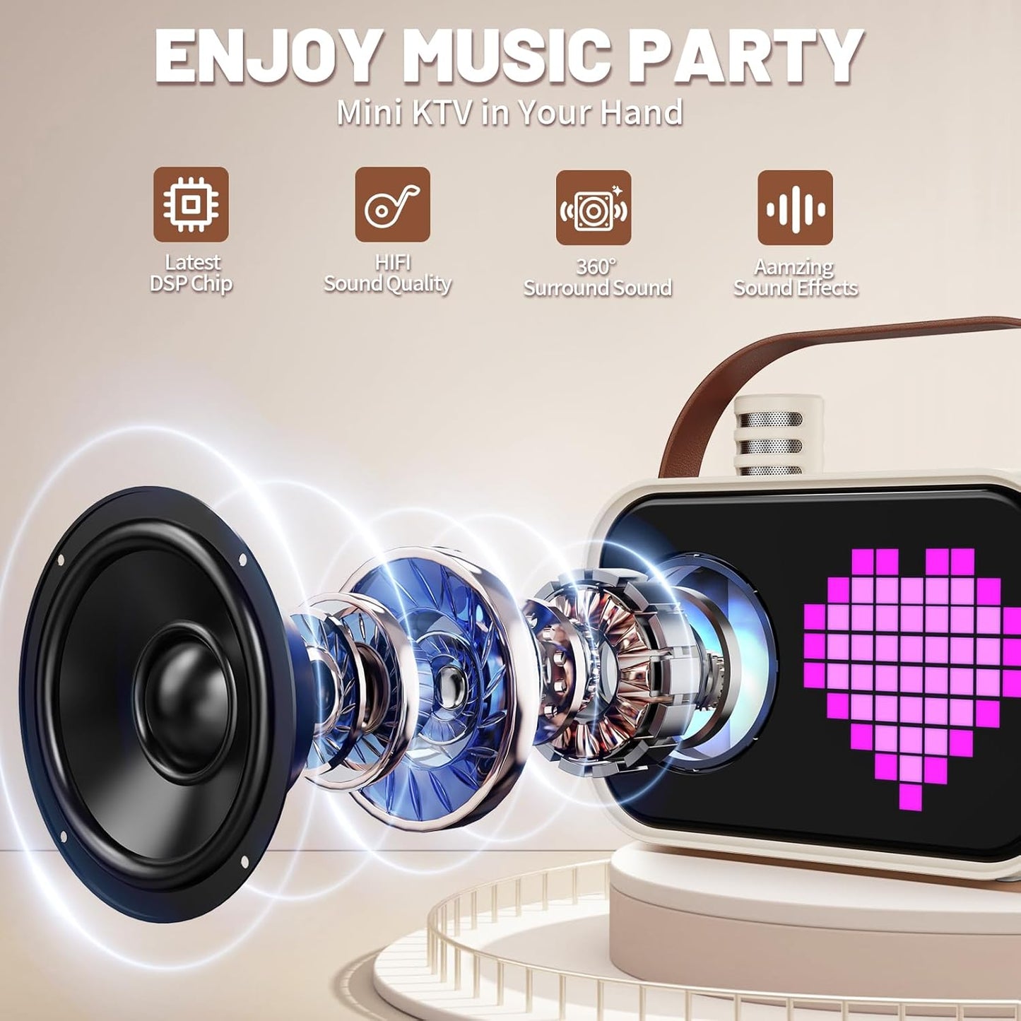Karaoke Machine for Kids Adults, Portable Bluetooth Karaoke Speaker with 2 Wireless Microphones, Pixel Display Light, Birthday Gifts Toys for Girls & Boys Ages 3, 4, 5, 6, 7, 8, 9,10,11,12+ Years