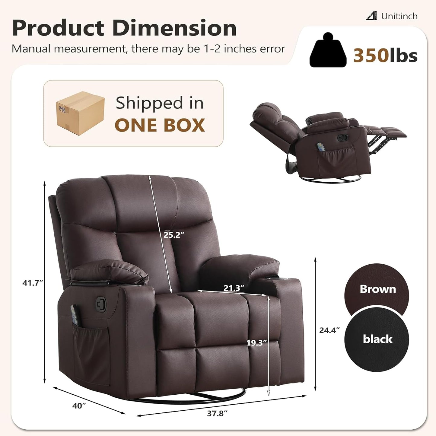 ANJ Swivel Rocker Recliner Chair, Manual PU Leather, 360° Swivel with Massage & Heat for Living Room, Brown