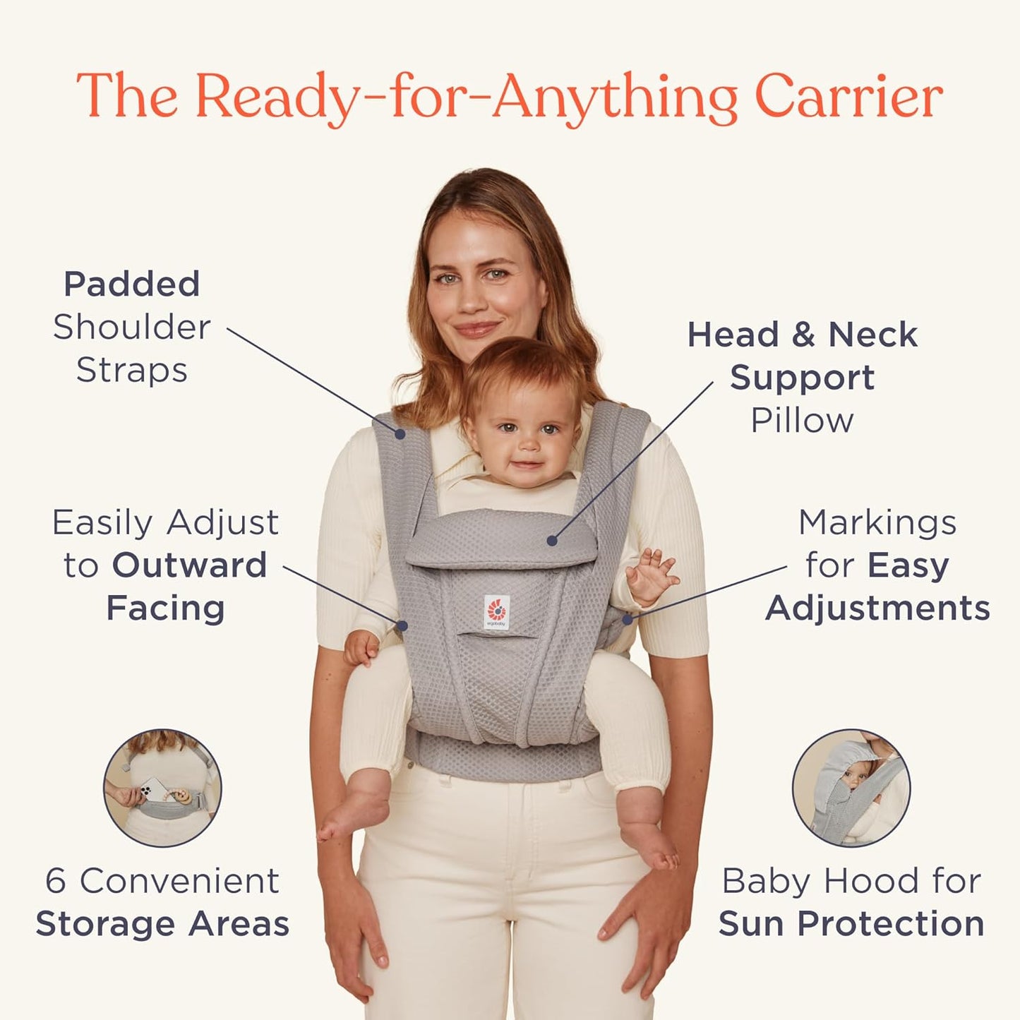 Ergobaby Omni Deluxe Baby Carrier Newborn to Toddler - Breathable Baby Carriers for Summer - All-Position Carrier with Enhanced Lumbar Support & Airflow (7-45 Pounds), Cotton, Pearl Grey