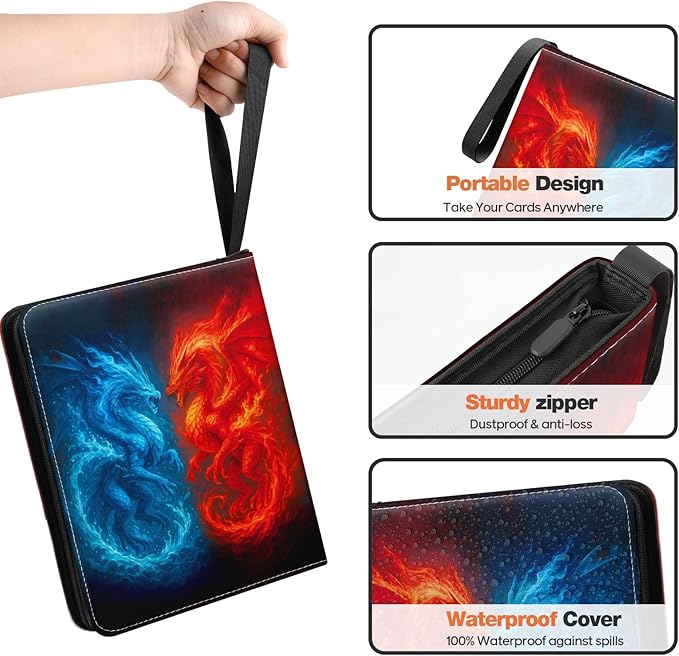 Dragon Design 9 Pocket Card Binder – Premium Trading Card Album Holds 720 Cards, PU Leather Zipper Case with 3-Ring Removable Pages – Perfect for MTG, TCG, Sports Cards, Gift for Collectors