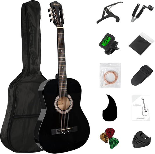 38in Beginner Guitar Acoustic Guitar Basic Starter Kit Tuner Capo Strings Winders Strap Picks Student Kids Adults Guitar Pickguard with Gig Bag