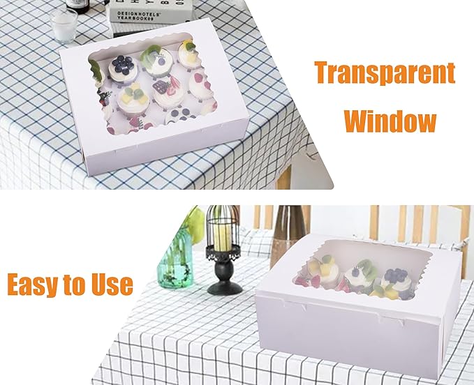 15-Set Cupcake Boxes Hold 12 Standard Cupcakes, Food Grade Cupcake Holders Bakery Carrier Boxes with Windows and Inserts for Cupcakes, Muffins and Pastries (White-15 Pack)
