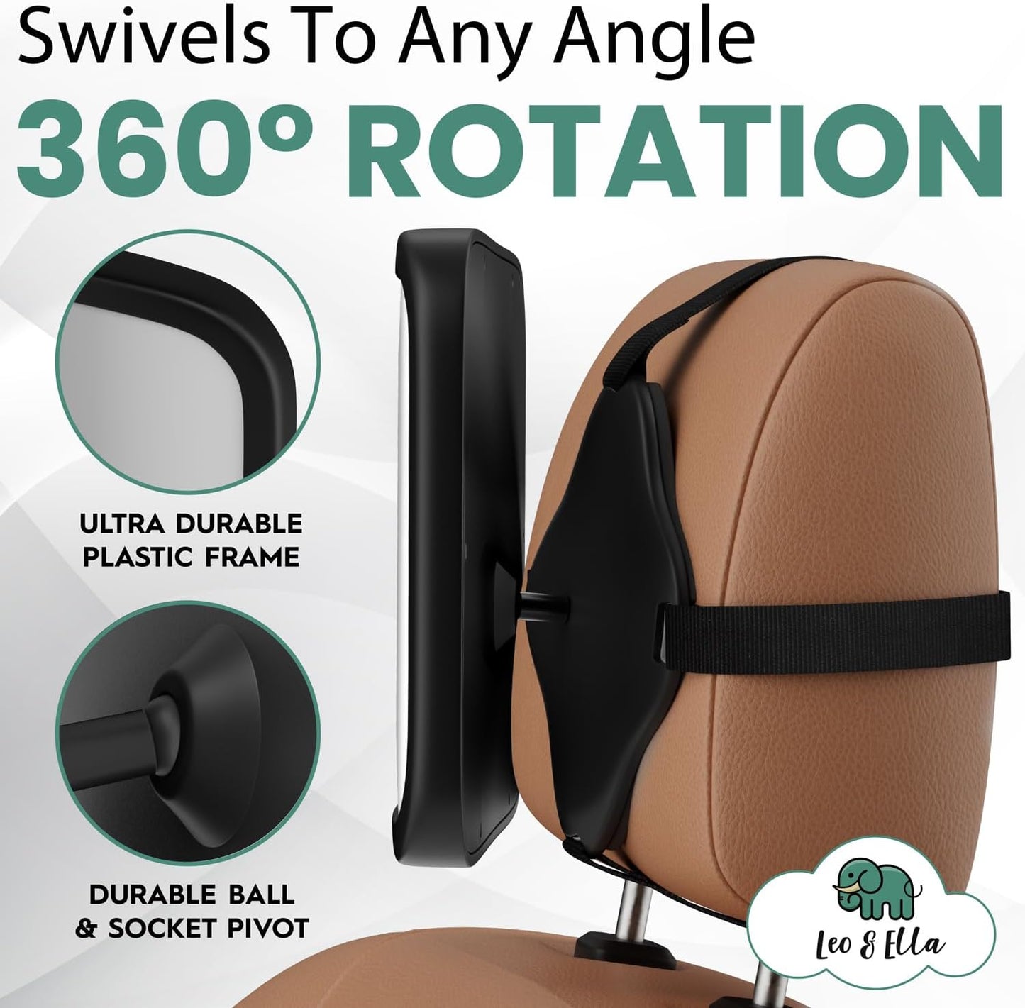 Leo and Ella - Baby Car Mirror - Extra Large & Ultra Clear Infant View, Crash Tested Shatterproof Design w/ 360° Adjustable Mount, Premium Car Mirror For Baby