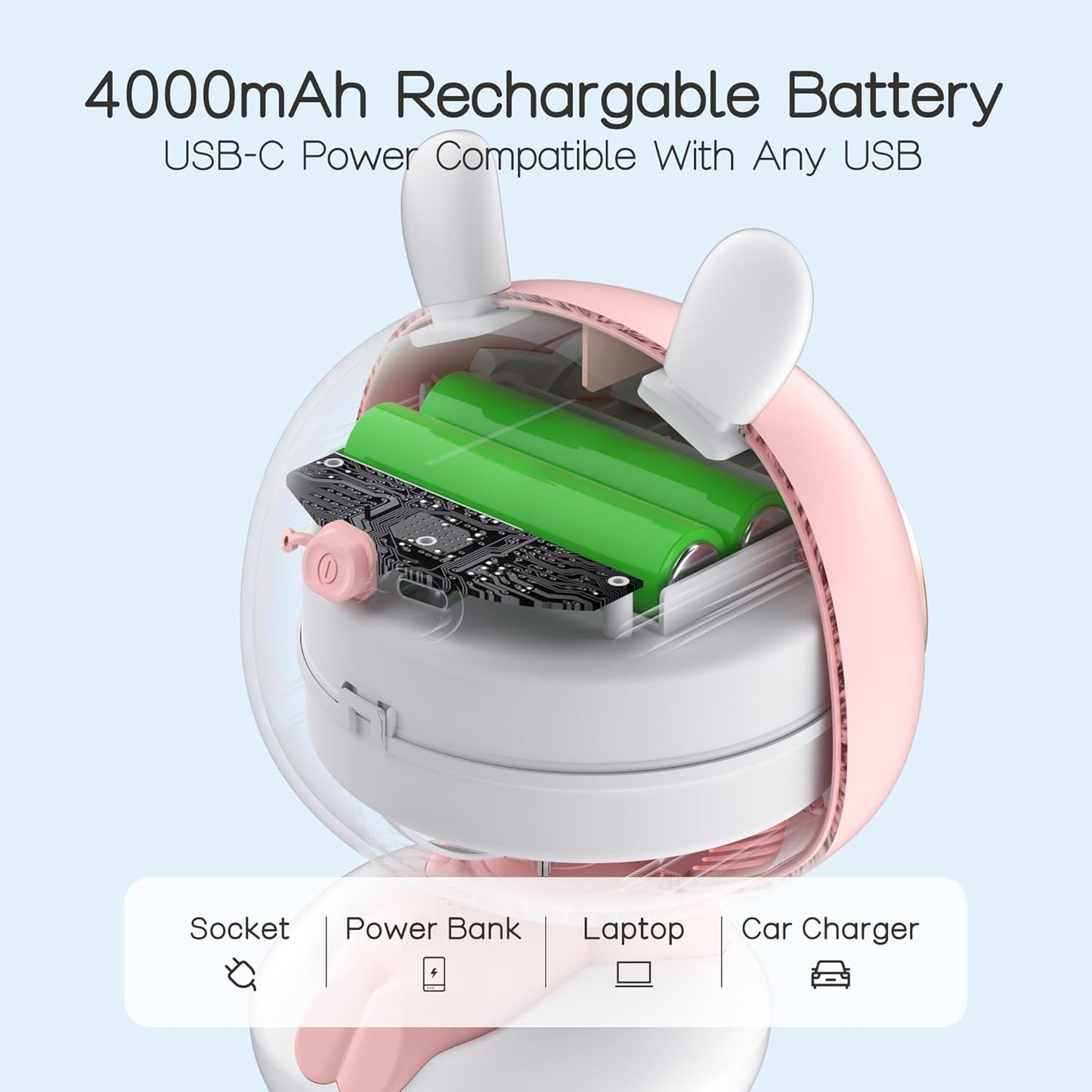Cute Bunny Stroller Fan Clip On for Baby, Bladeless Fan 4000mAh Rechargeable Battery Operated, Flexible Tripod, 4 Speeds, Auto Oscillating, Small Cooling Fan for Kids