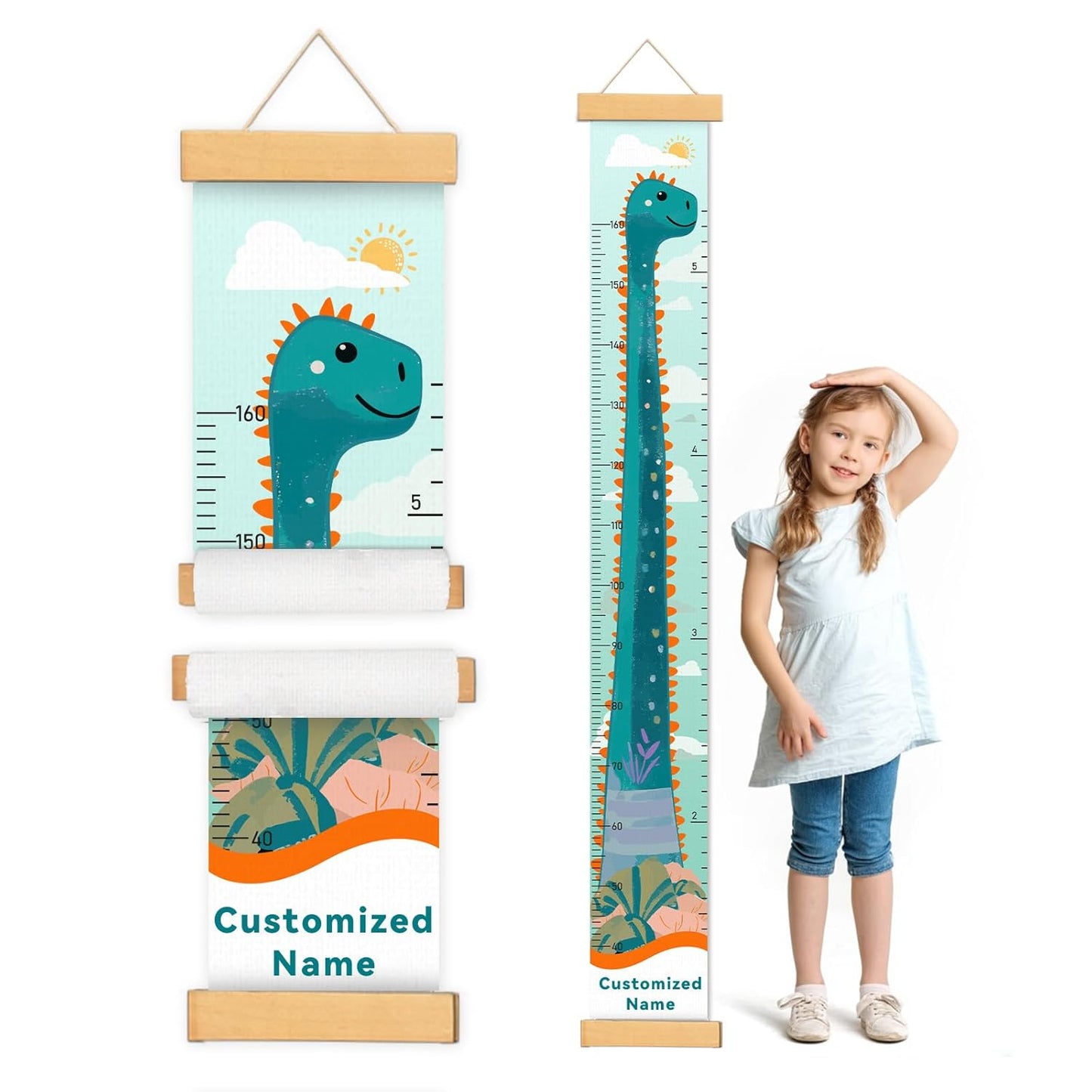 Personalized Name Growth Chart for Kids, Cute Dinosaur Baby Height Chart, Canvas Height Measuring Rulers for Boys Girls, Nursery Decor Baby Boy Girl Growth Ruler Measuring Board