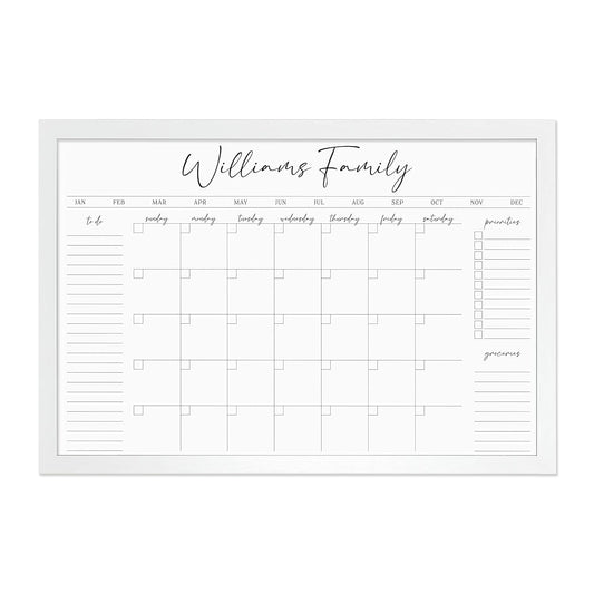Personalized Dry Erase Wall Calendar with Custom To do list and Notes Organization Sections | Large Whiteboard Calendar (36" W x 24" H, White-Washed Frame)