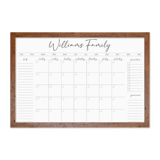 Personalized Dry Erase Wall Calendar with Custom To do list and Notes Organization Sections | Large Whiteboard Calendar (36" W x 24" H, Walnut Frame)