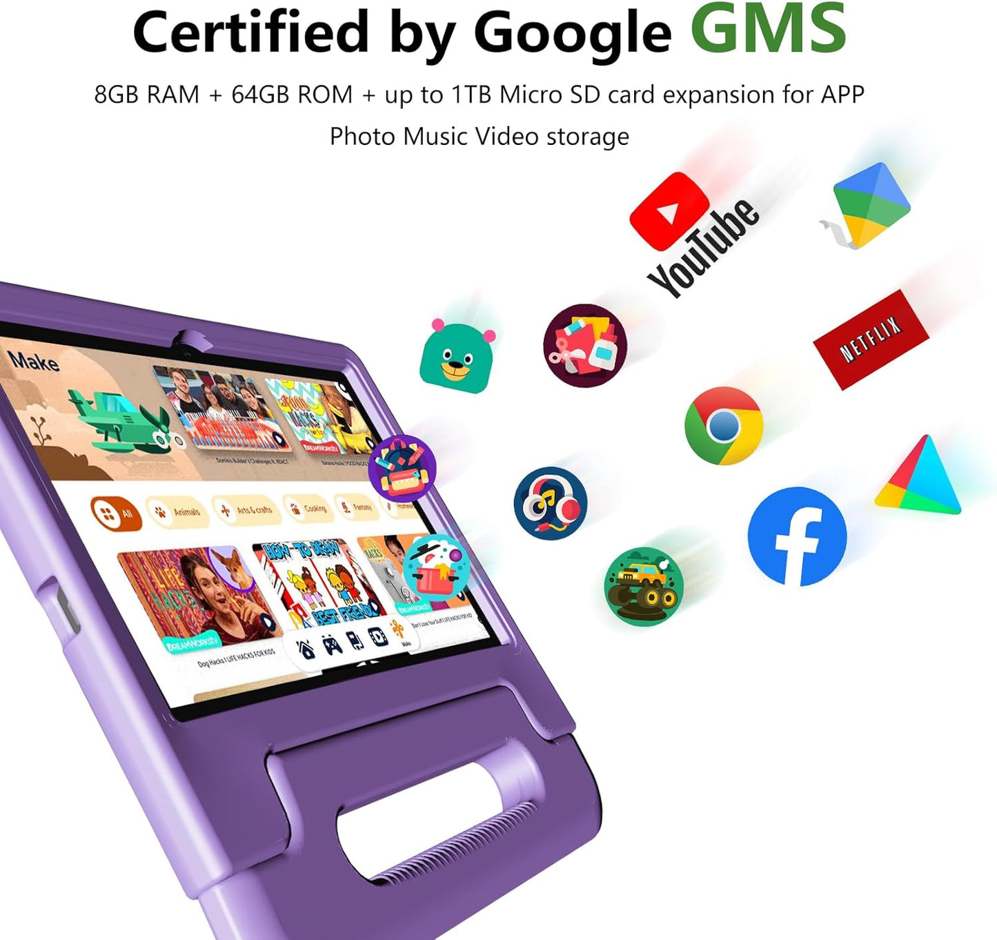 Kids Tablet 8GB+64GB, 10 Inch Android 14 Tablet for Kids 6000mAh with Case, WiFi 6, Bth 5.2, Dual Camera, GPS Pre-Installed Parental Controls, Kids Space & Family Link Great Gift for Toddler Children