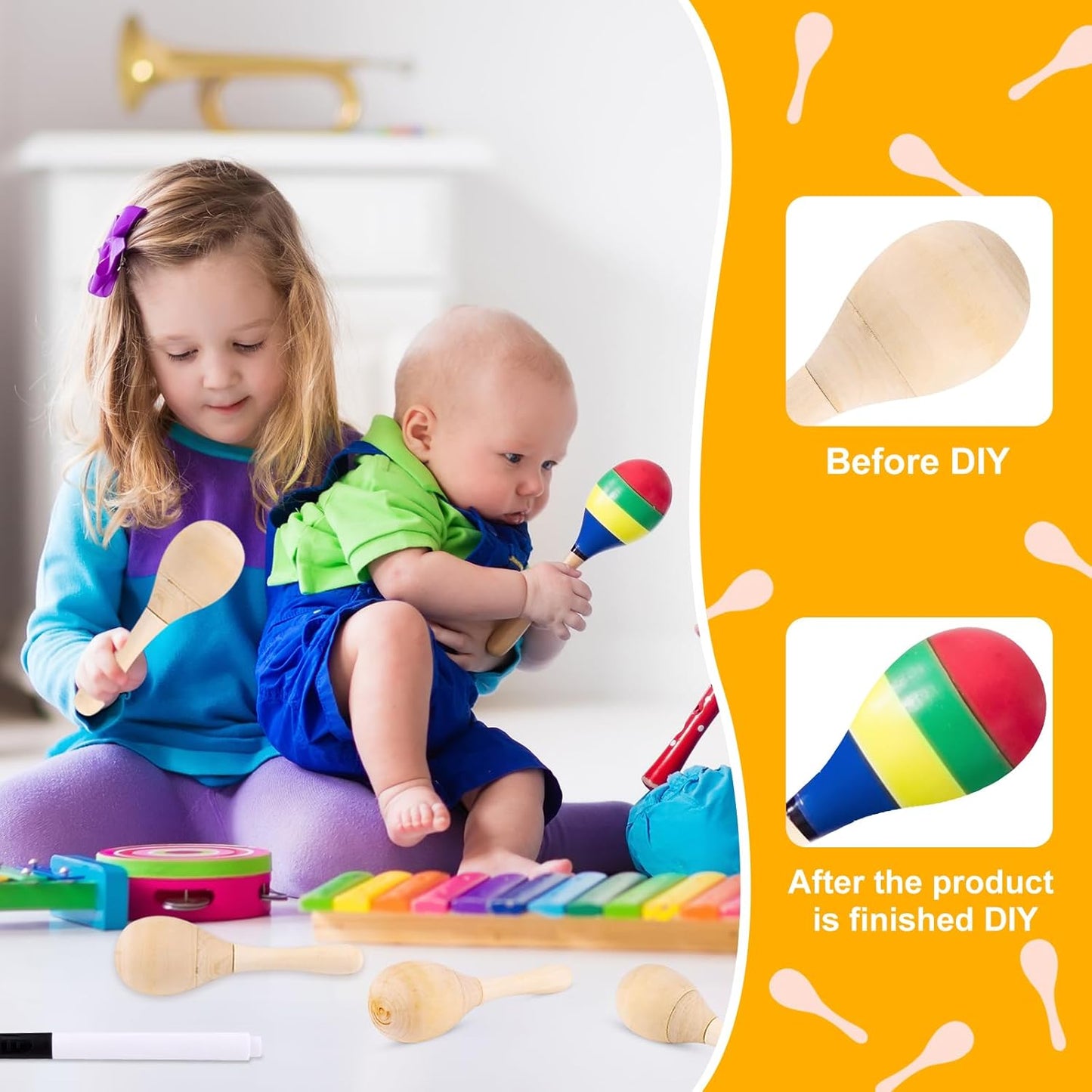 40Pcs DIY Wooden Maracas for Kids, Mini Maracas for Mexican Fiesta Party Favors with 24Pcs Multicolor Pens, Cinco De Mayo Party Supplies