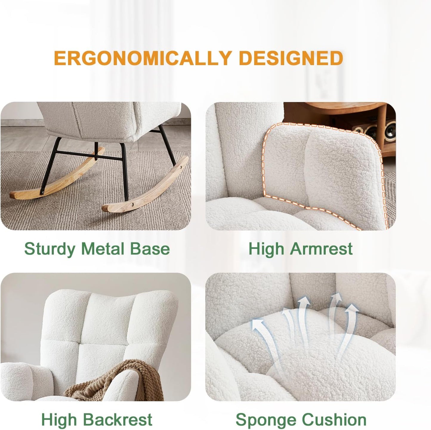 Nursery Rocking Chairs, High Back Teddy Glider Rocking Chair, Upholstered Rocker Recliner Modern Rocking Accent Chairs Comfy Armchairs for Nursery, Bedroom, Living Room (Ivory)