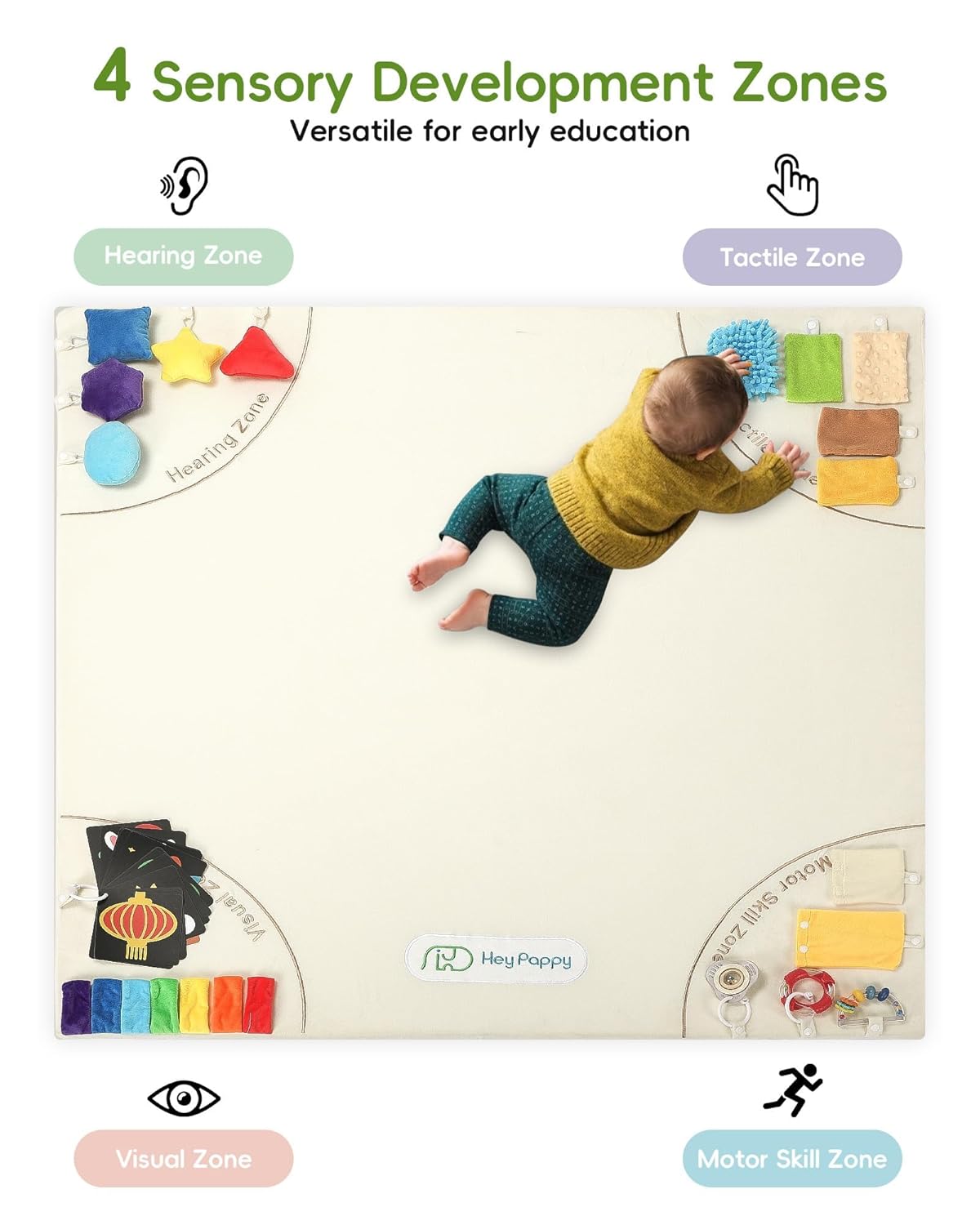 Baby Play Mat, Unique Crawling Mats with 4 Sensory Development Zones for Motor Skills, 50''x50'' Playpen Mats with Non-Slip Cushioned that Fits Nicely Into Any Playroom, Beige