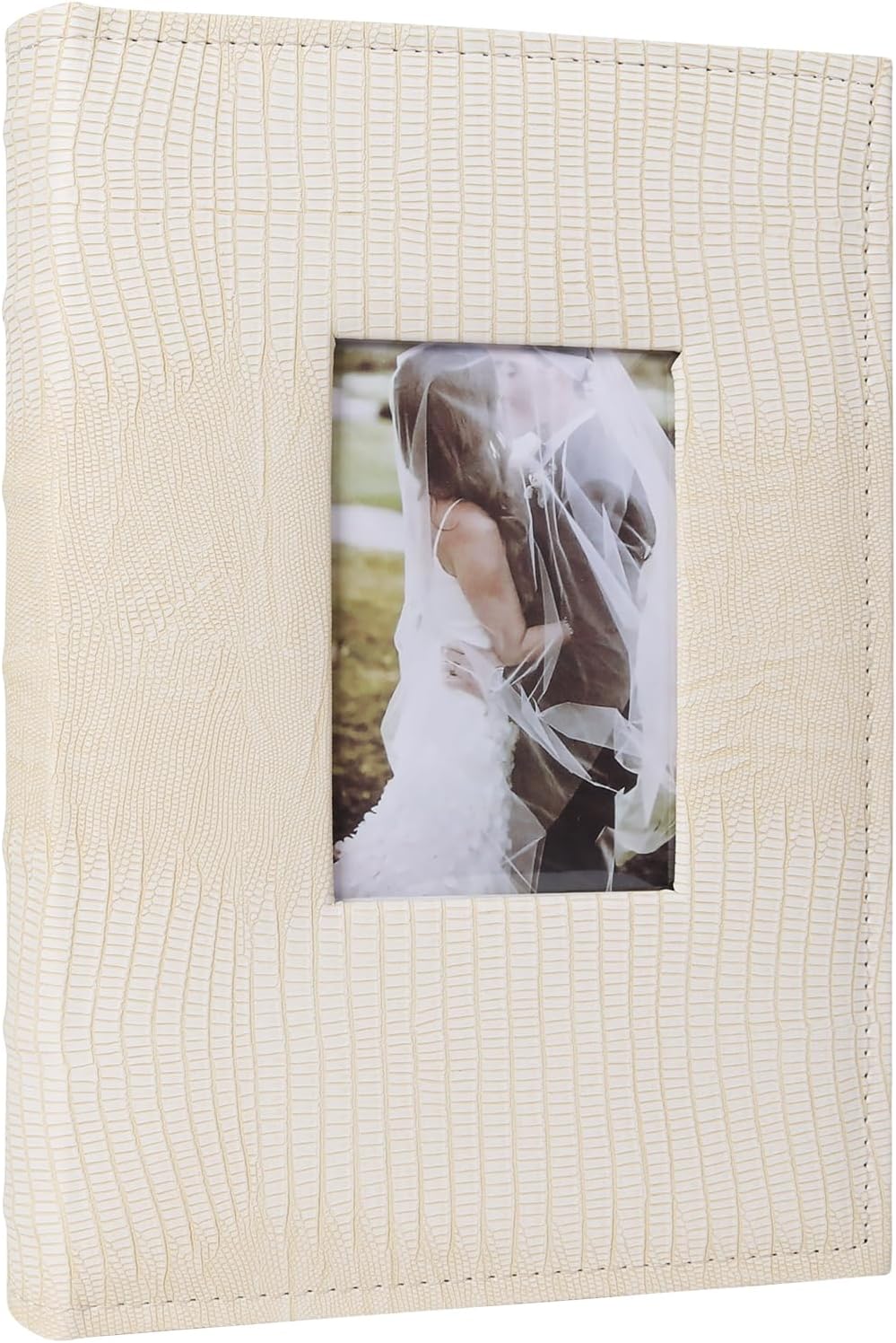 RECUTMS Photo Album for 4x6 Pictures,Leather Cover with Front Window,50 Sheets Small Slip-in Photo Book 300 Photos with Writing Space for Wedding Family Baby Graduation (Beige)