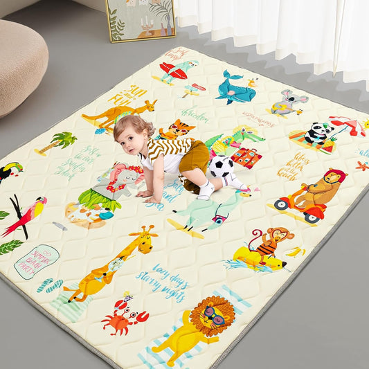 Baby Play Mat - Thicken 71x59 Inch Soft Foam Crawling Mat for Playpen & Floor, Non-Slip Waterproof Playmats for Infants & Toddlers, Portable Foldable & Machine Washable, Beach Animals