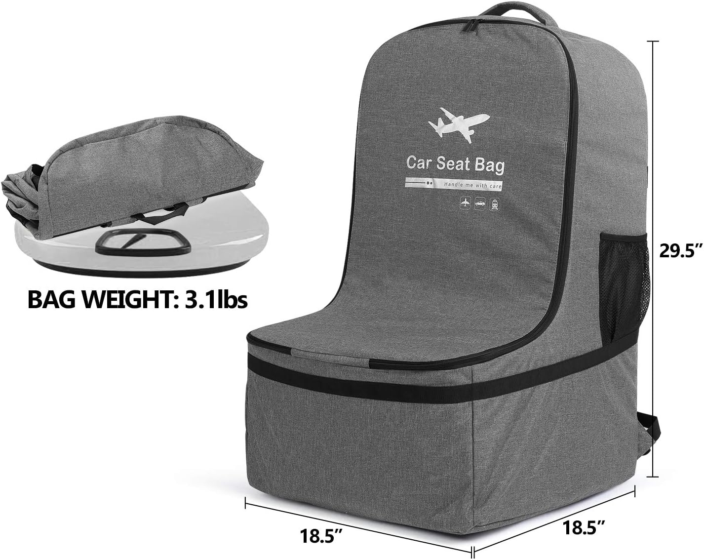 LUXJA Car Seat Travel Bag, Airplane Bag with Padded Backpack Straps and Adjustable Waist Straps for Travel (Fits Most Major Car Seat), Gray