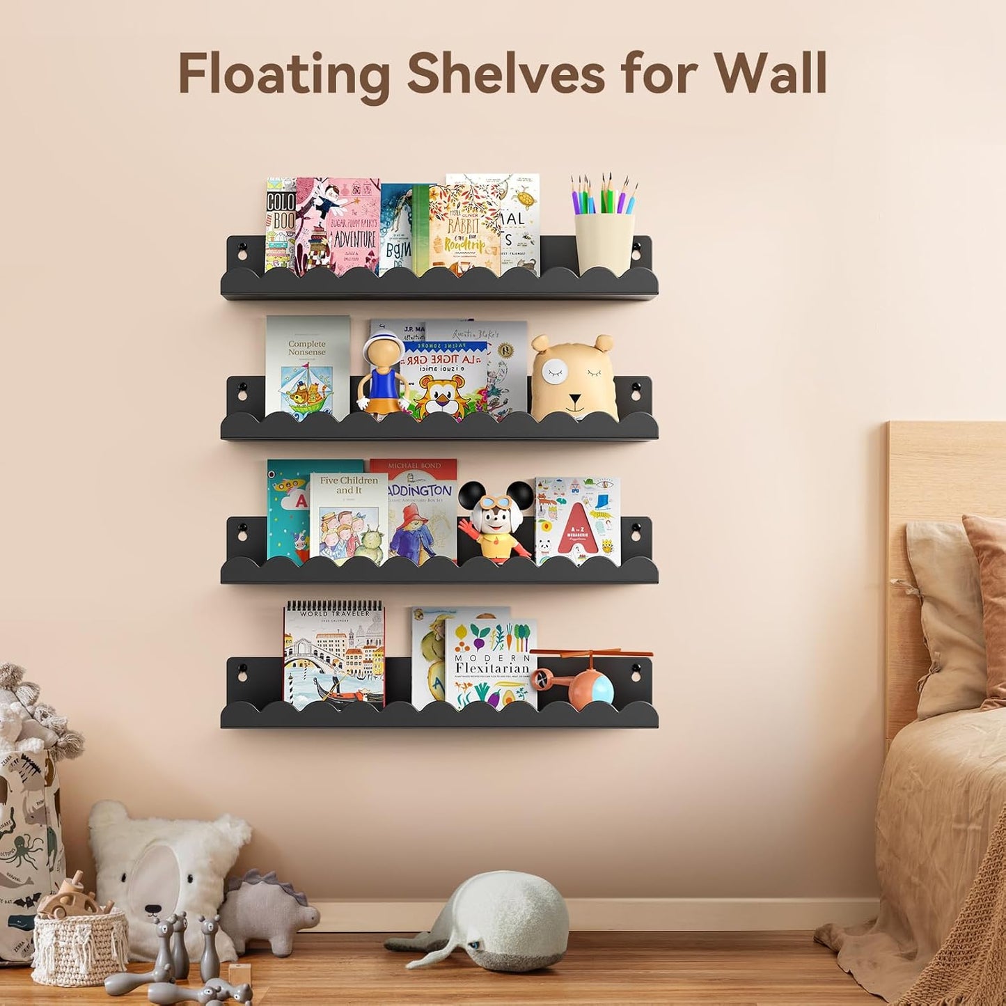 Nursery Book Shelves, 17 Inch Black Metal Floating Shelves for Wall 4 Pack, Wall Mounted Book Shelf for Kids Room, Bedroom, Bathroom, Playroom Decor