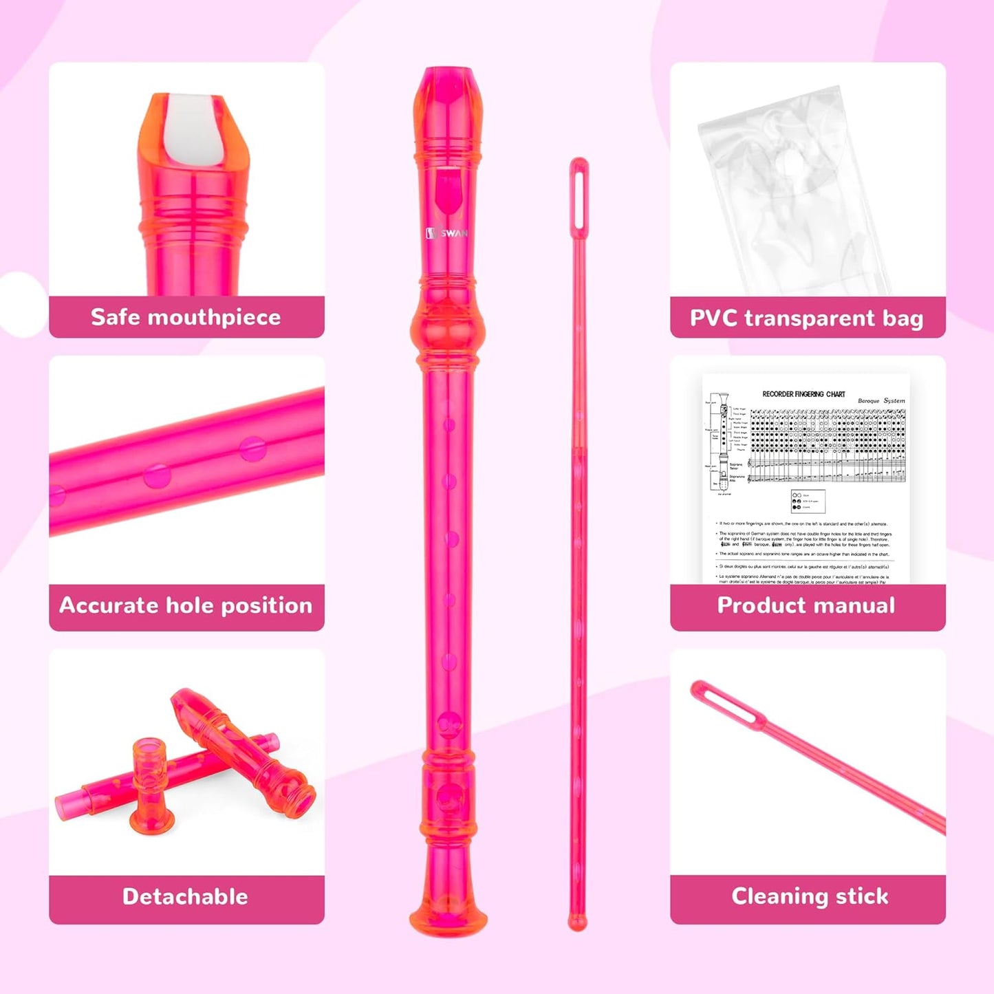 SWAN Soprano Recorder Instrument for Beginners Kids Student in School - Baroque Style 8 Hole Flute Detachable 3pcs ABS Descant Recorders with Cleaning Rod and Fingering Chart, Transparent Bobby Pink