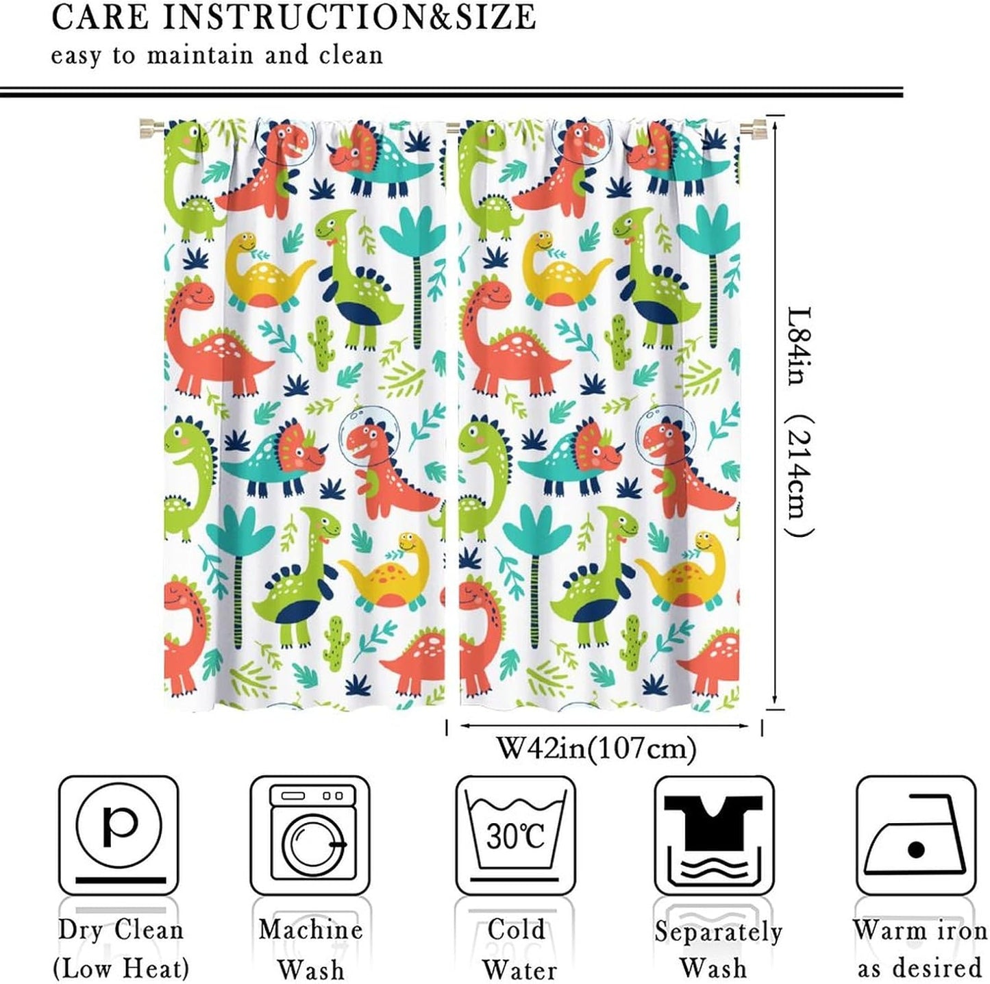 Rustic Dinosaurs Curtains Colorful Dino Kids Boys Cartoon Cute Cool Funny Decor Printed Blackout Rod Pocket Window Drapes for Living Room Bedroom W42xL84in 2 Panels