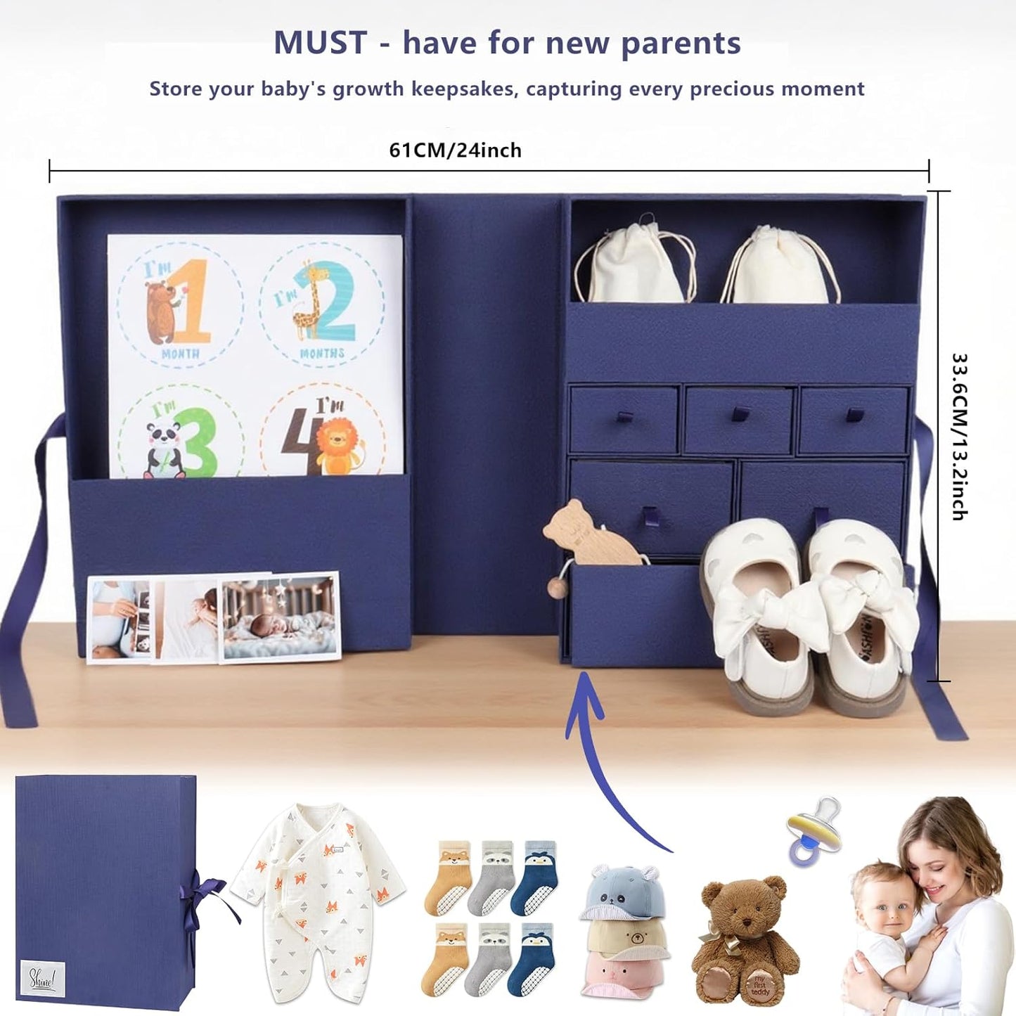 Memory Box for Kids,Baby Keepsake Box, Large Memory Box Drawer-Style Design with 8 Additional Items,Newborn Keepsake Box for Baby Girl & Boy,Gift for Baby Shower, Expecting Moms (Blue)