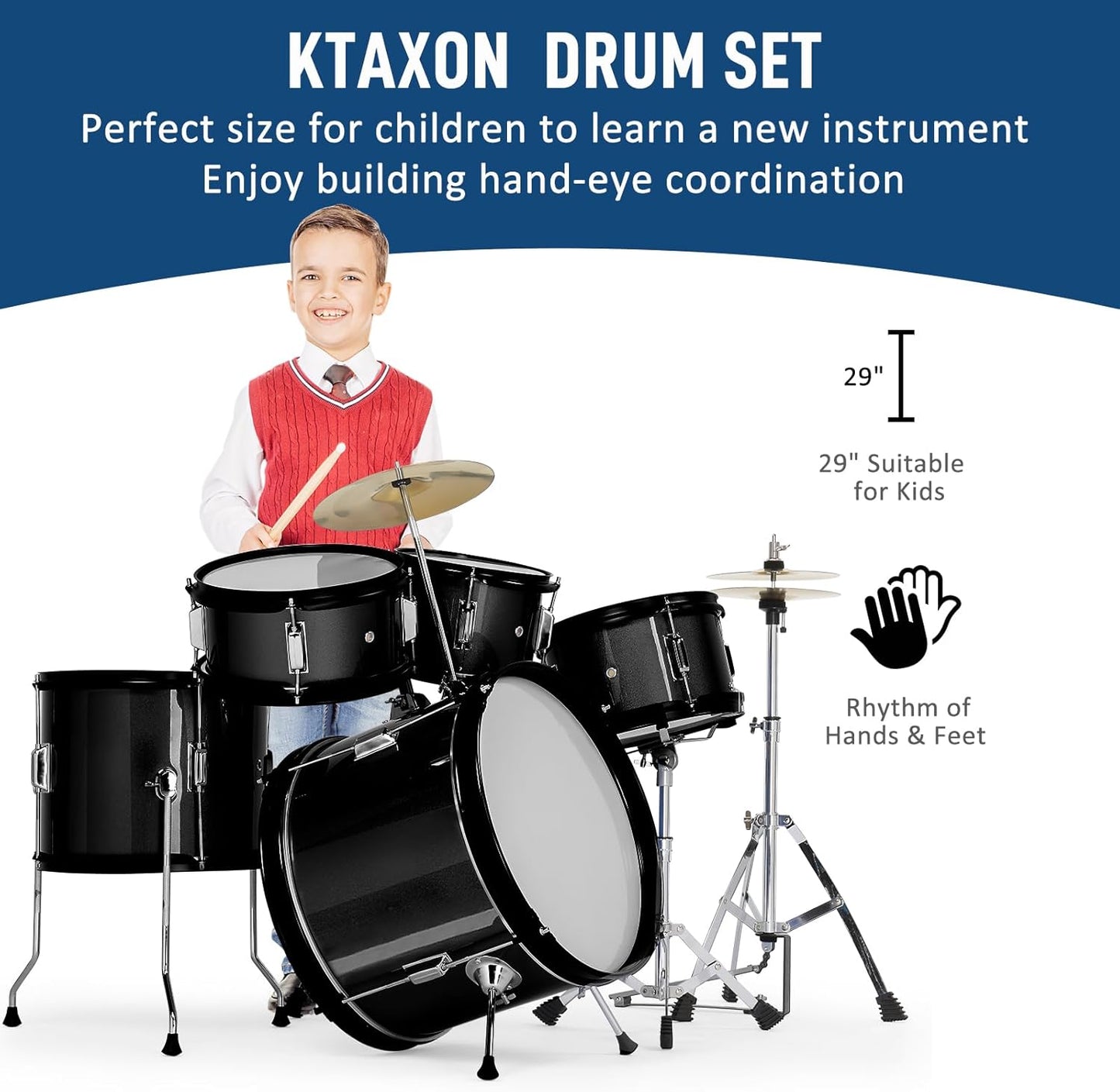 Ktaxon 5-Piece Complete Junior Drums Set, 16 Inch Beginners Drum Kit with Throne Stool, Pedal & Drumsticks, Kids Drums Musical Instruments W/Cymbal, Hi-Hat, Floor, Tom and Snare Drum (Black)