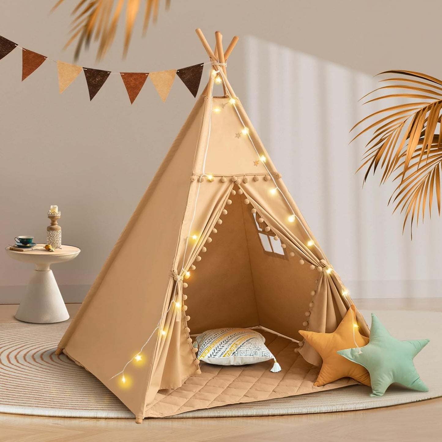 Teepee Tent for Kids with Mat, Cotton Canvas Kids Teepee with Pompom for Toddlers Indoor Play Tent for Girls Boys with Stars Lights, Carry Bag, Banner Flag (Khaki)