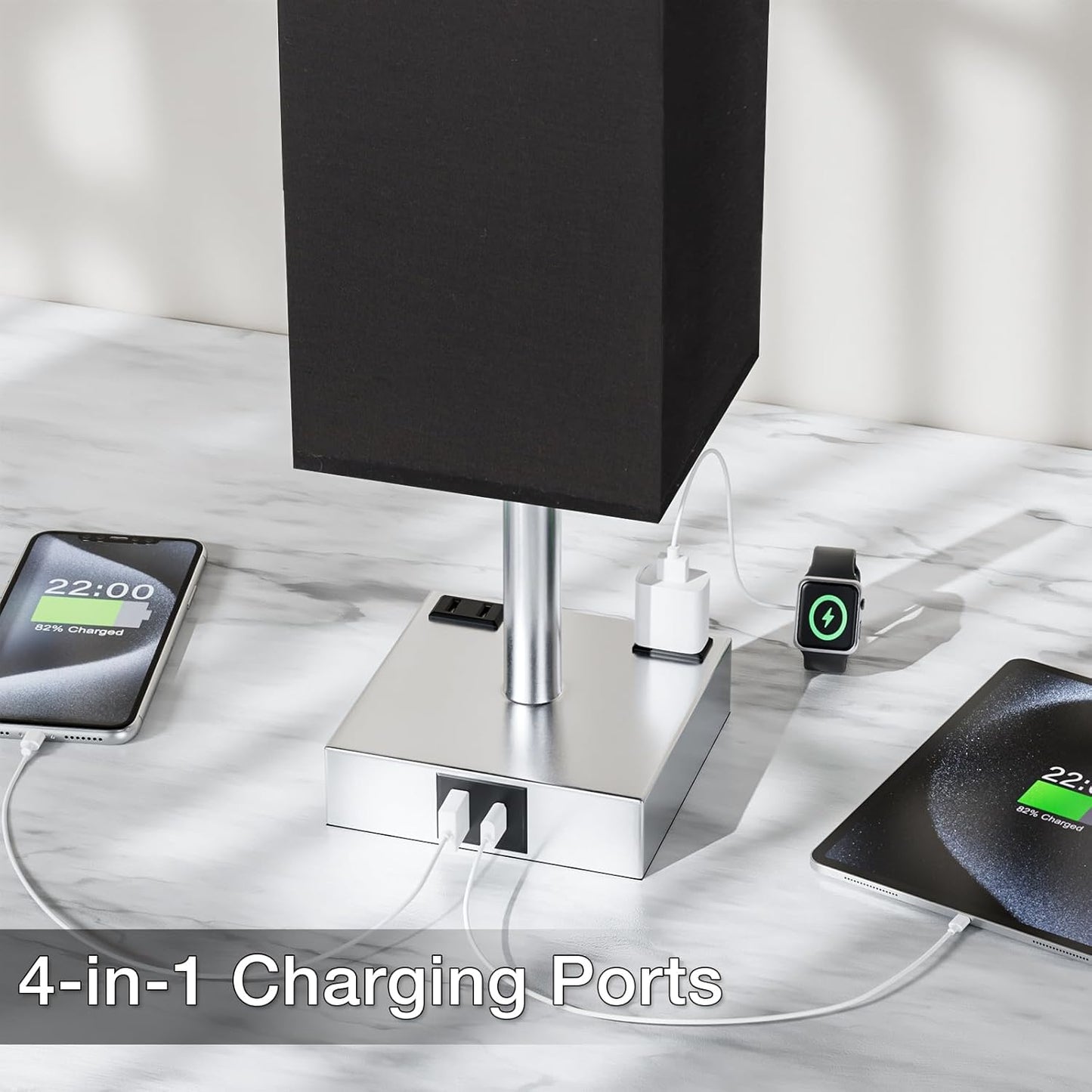 Touch Bedside Table Lamp for Nightstand - 3-Way Dimmable Night Lamp with USB A + Type C Charging Ports and Two AC Outlets, Small Desk Light with E26 LED Bulb for Bedroom Living Room Dorm Office,Black