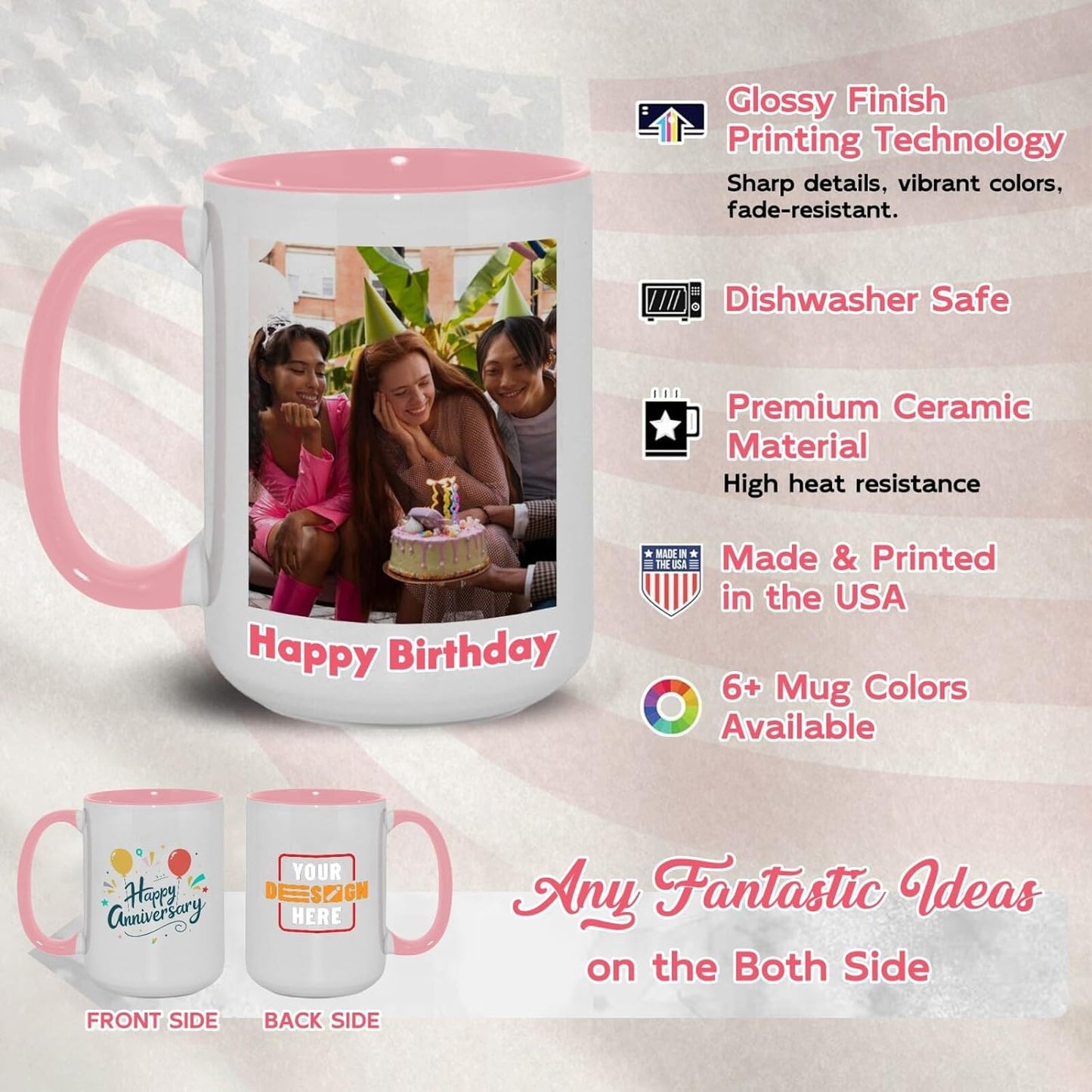 Ship Next Day Custom Mug Design Your Own Photo Text Personalized Picture Gifts for Women Men Customized Gift Idea Personalized Coffee Mugs 15oz Pink Handle