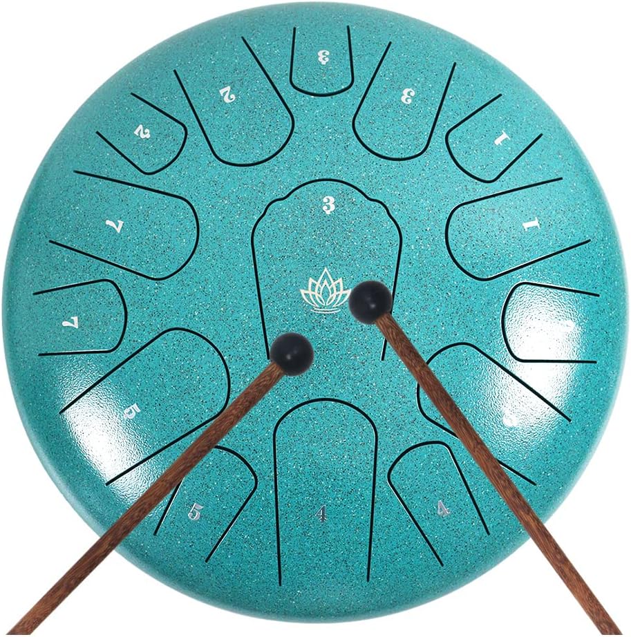 Rain Drum for Outside Garden,Steel Tongue Drum 12 Inches 15 Notes Musical Instruments, Handpan Drum Percussion Instrument, with Soft Bag, Music Book, 2 Mallets, for Meditation or Yoga (Green)